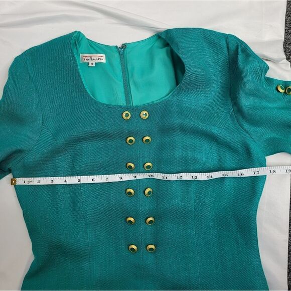 VINTAGE 80s dress teal short sleeve woven  secretary with gold buttons S‎ - Picture 9 of 11